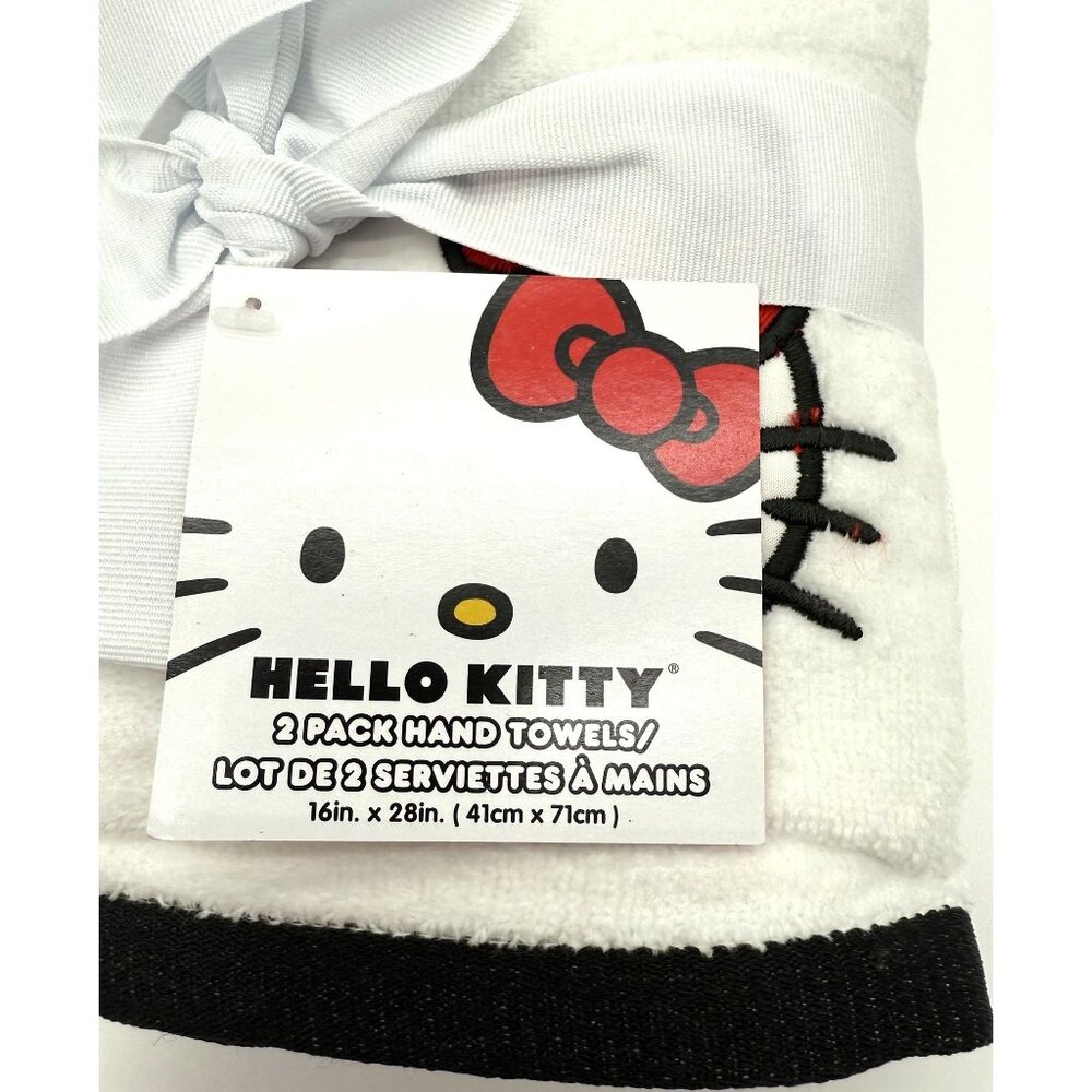Hello Kitty 2 Pack Hand Towels 16" X 28" White & Black Cotton For Kids & Adults